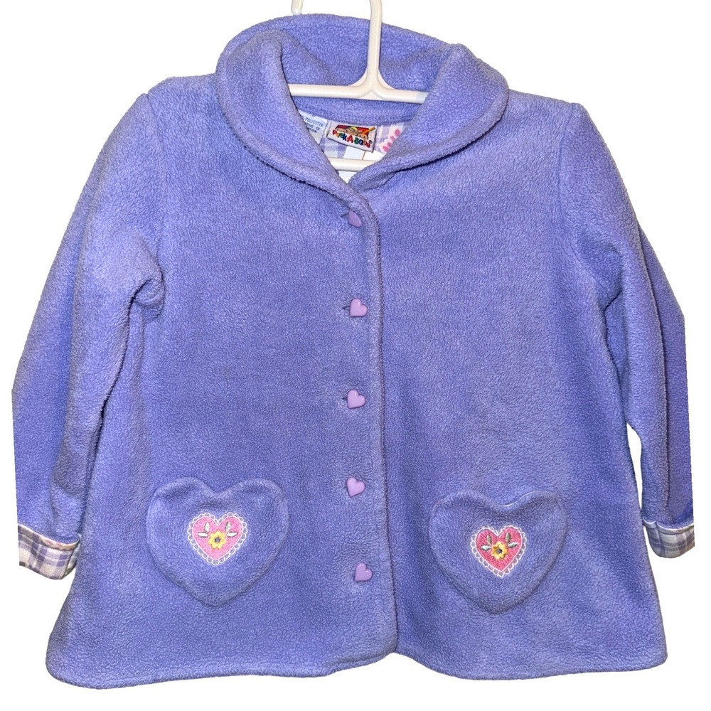 Peek-A-Babe Vintage Girls 2T Fleece Jacket Purple Heart Pockets Plaid Cuffs Coat
